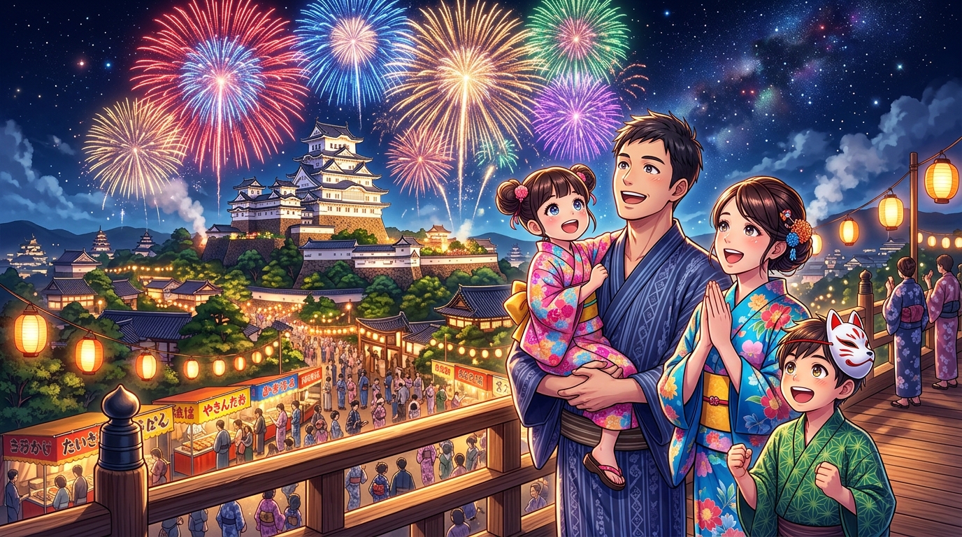 城下町の夜空に咲く打ち上げ花火と笑顔のファミリーイラスト