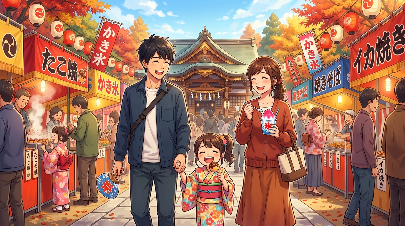 千里天神の境内に立ち並ぶ屋台と楽しむ家族のイラスト