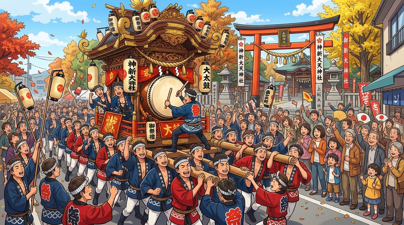 秋空のもと巡行する千里天神の威勢の良い太鼓台のイラスト