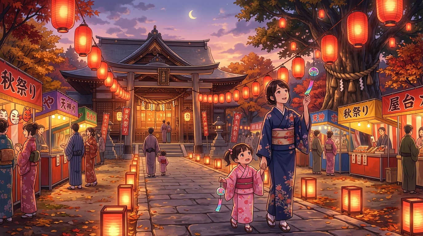 夕暮れ時に提灯が灯る千里天神の境内と子連れファミリーのイラスト