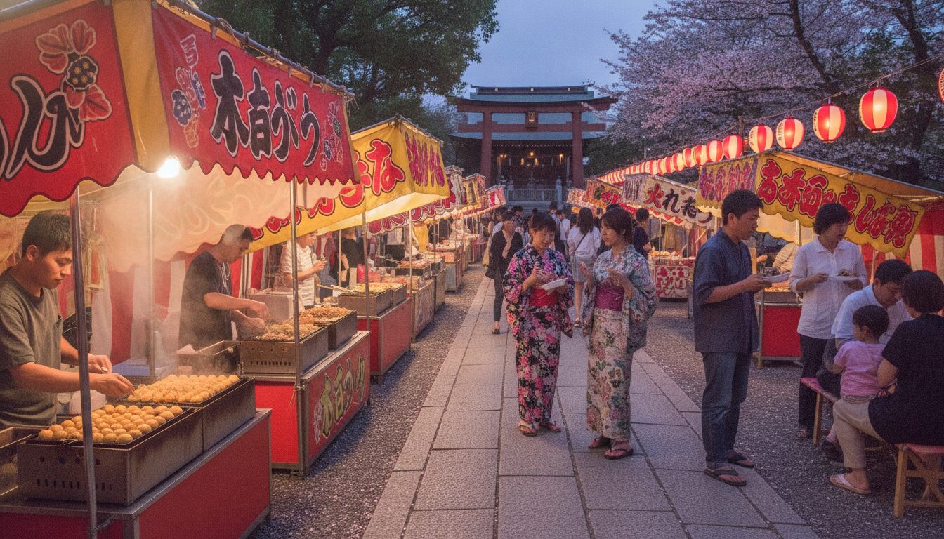 庄内神社秋祭りに並ぶ賑やかな屋台(露店)の風景