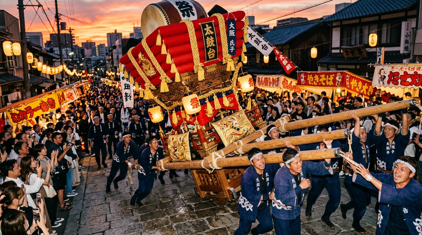 庄内神社の秋季例大祭で熱気あふれる太鼓台(ふとん太鼓)の巡行