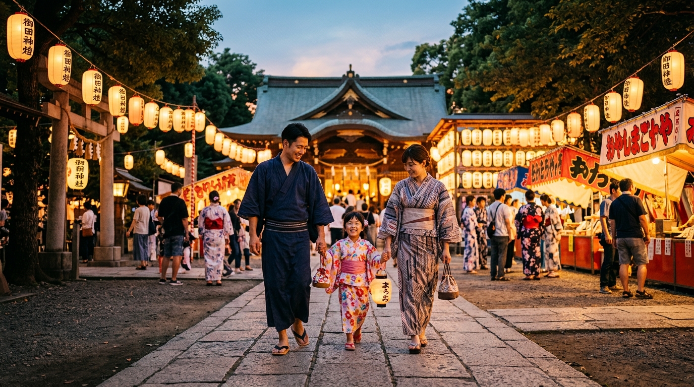 子連れファミリーが安心して秋祭りを楽しむ夕暮れの神社境内