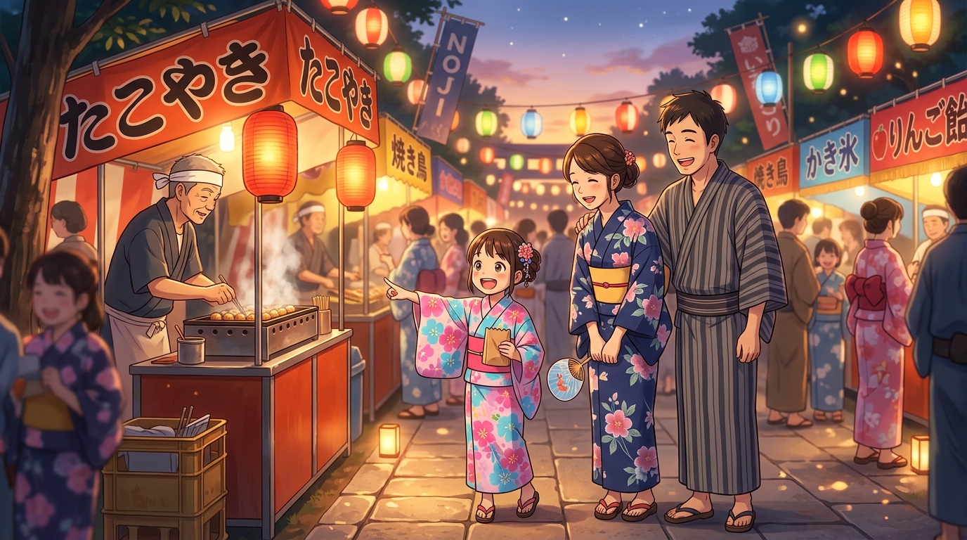 夏祭りを楽しむ家族のイラスト