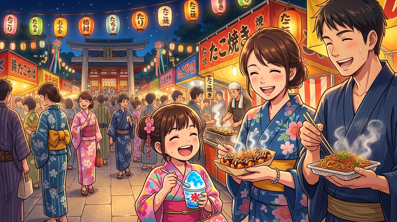 屋台グルメを楽しむイラスト