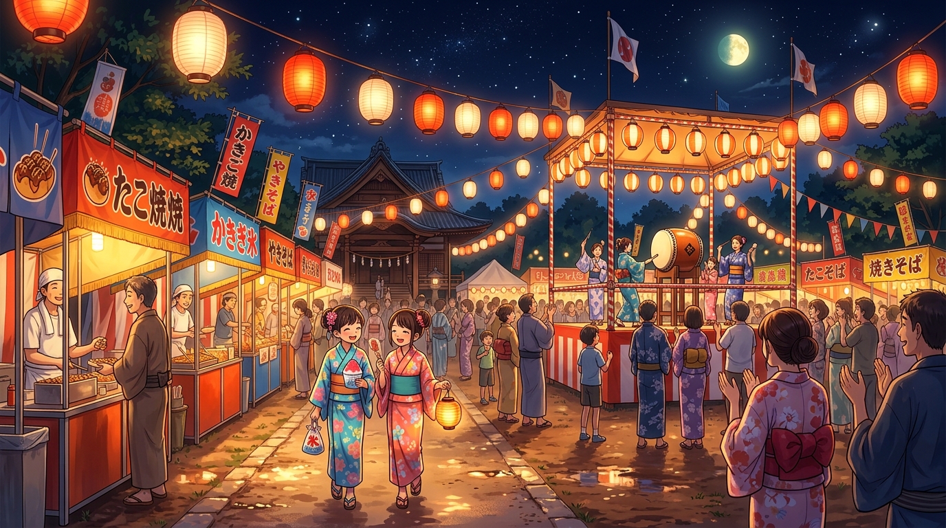 夜の会場や提灯の雰囲気イラスト