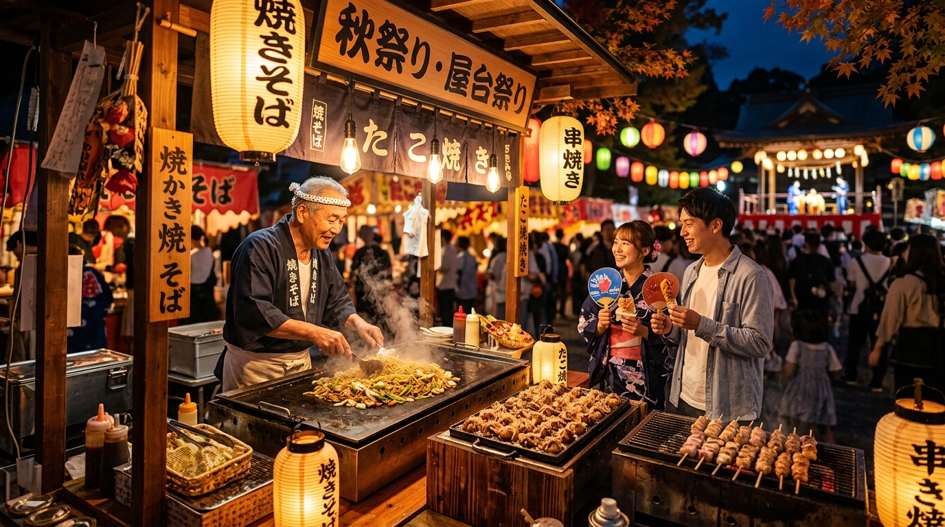 屋台が並ぶ祭りの賑わい