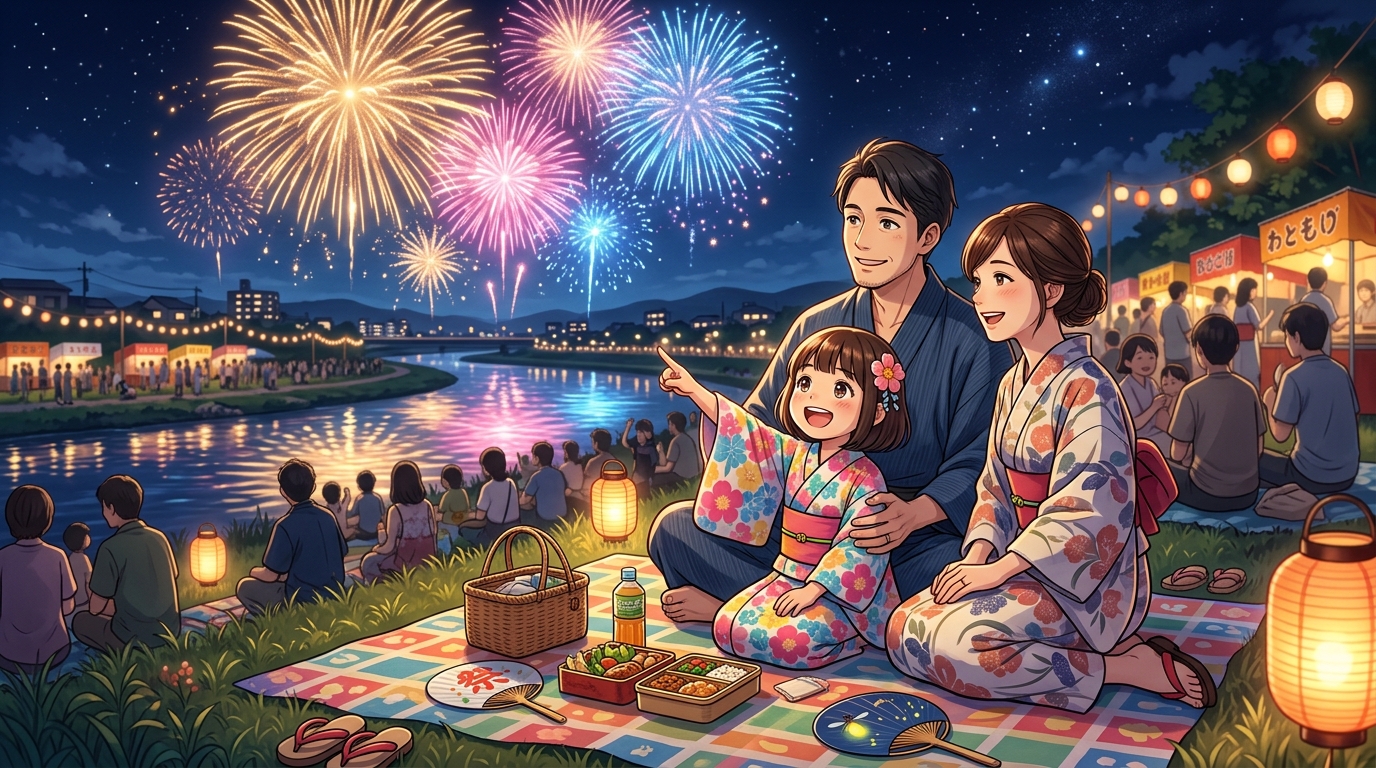 家族で花火大会を楽しむイメージイラスト