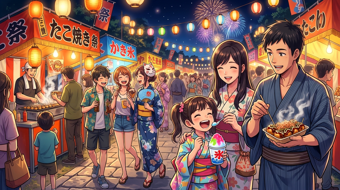 屋台グルメを楽しむ夜店のイメージイラスト