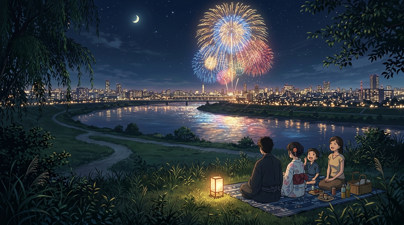 河川敷で花火を眺める夜景イラスト