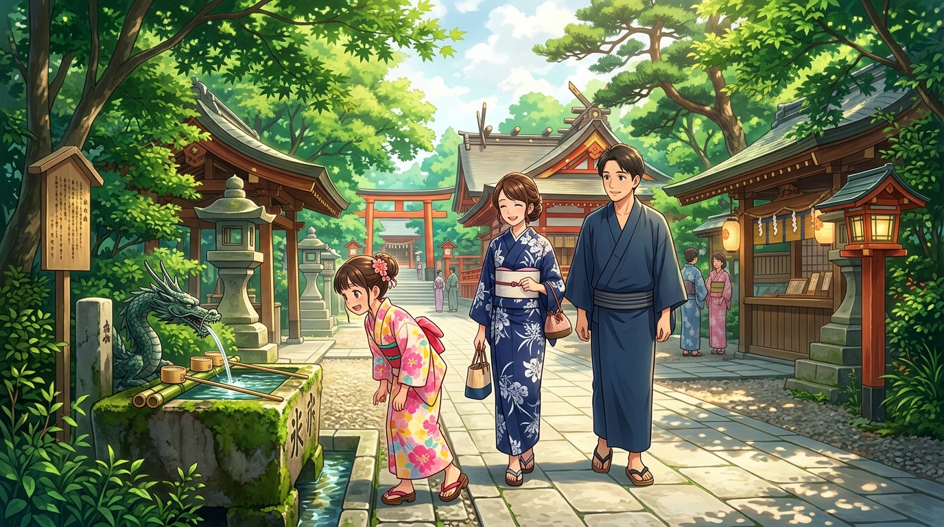 家族で住吉大社の境内を歩く様子