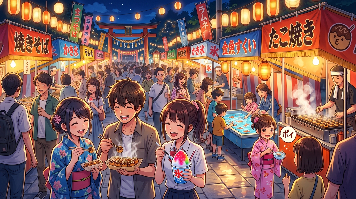 屋台グルメを楽しむ参拝客のイラスト