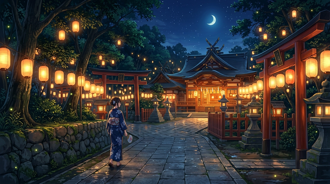 夜の境内や提灯が映える雰囲気のイラスト