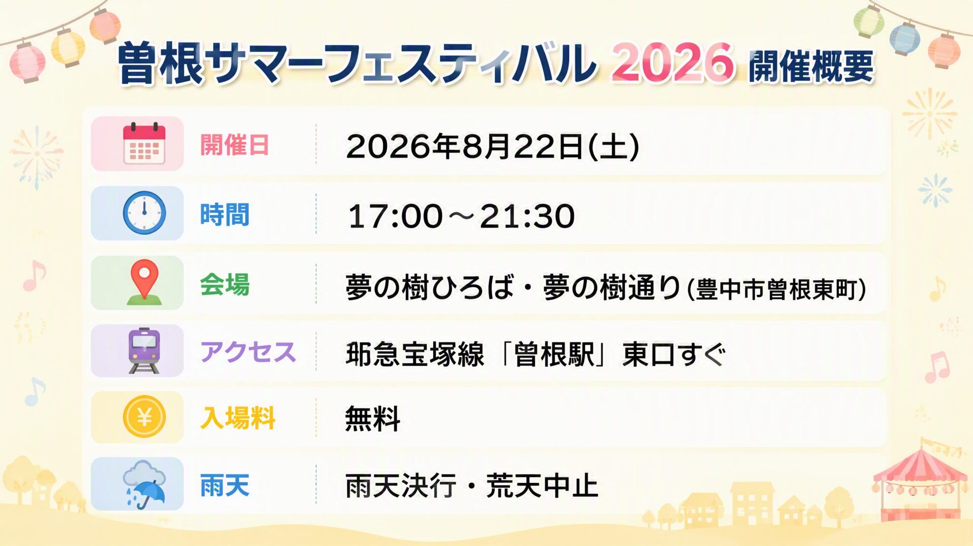 曽根サマーフェスティバル2026 開催概要（日時・会場・アクセス・入場料・雨天情報）
